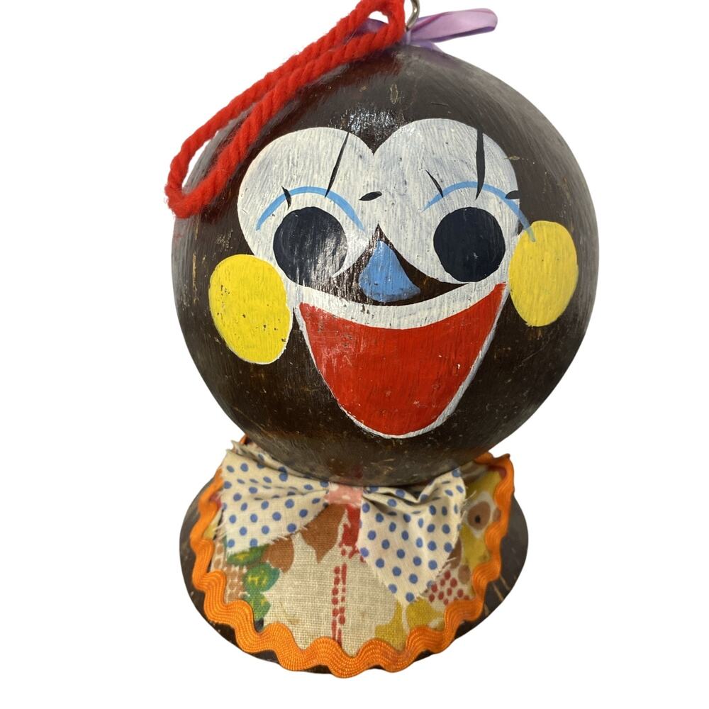 Vintage Hand Carved Coconut Shell Piggy Bank Ugly Creepy Face Ornament Folk Art
